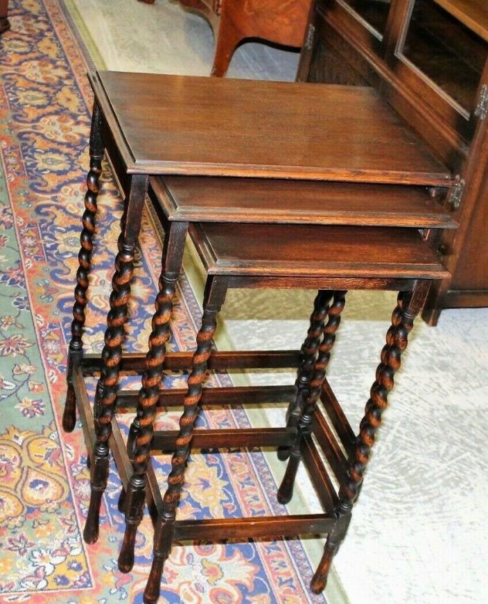English Antique Oak Wood Barley Twist Legs Nesting Table Set of 3 Nested Tables