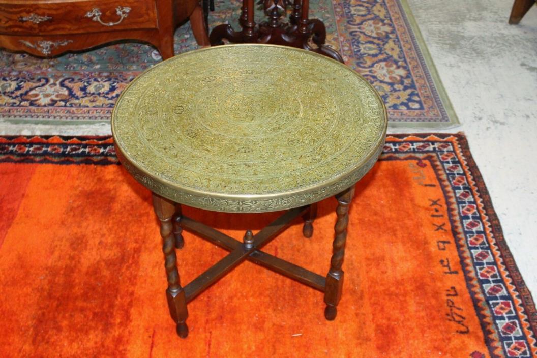 English Antique Oak Folding Base Barley Twist Small Round Brass Top Table