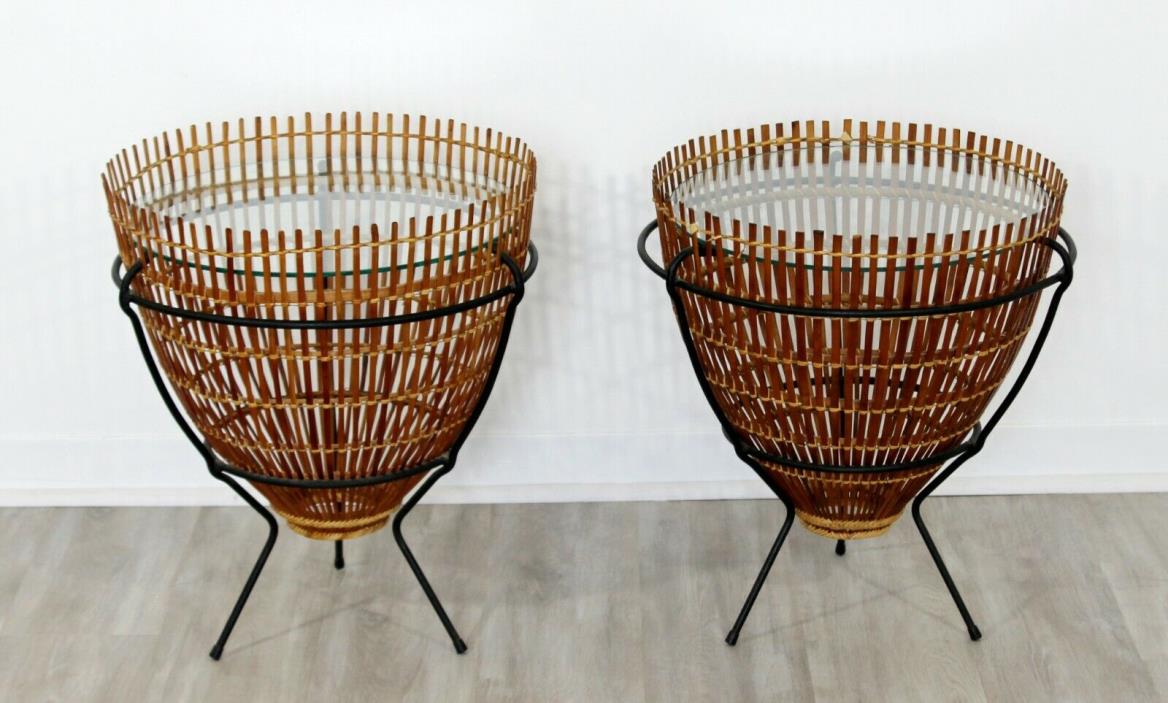 Mid Century Modern Pair of Rattan Iron Glass Side End Tables Albini Attr 1960s