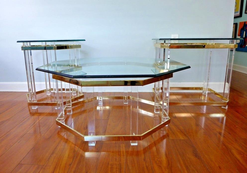 3 Charles Hollis Jones Lucite and Brass Hollywood Regency Tables Coffee End VTG