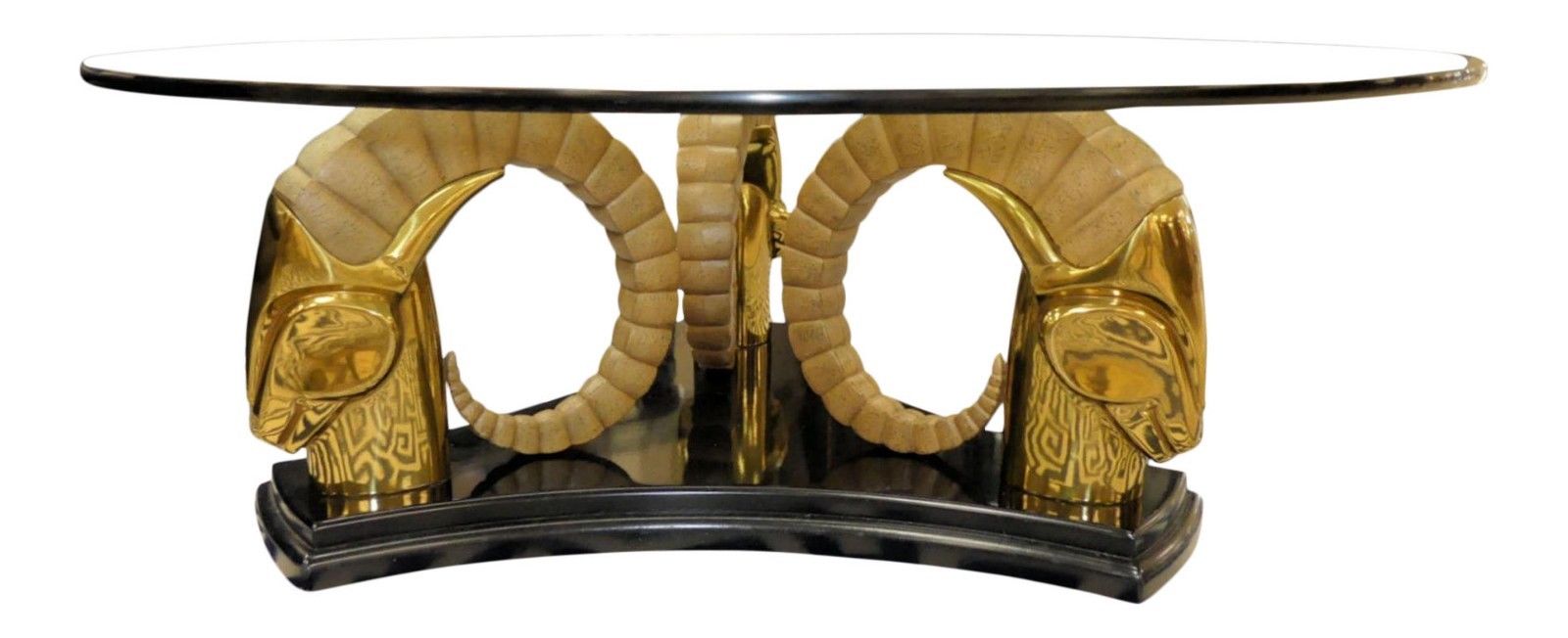 1817-401: DREXEL Et Cetera Glass Top & Brass Ram Head Cocktail or Coffee Table