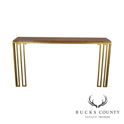 Hollywood Regency Modern Gilt Metal Marble Top Wall Console Table
