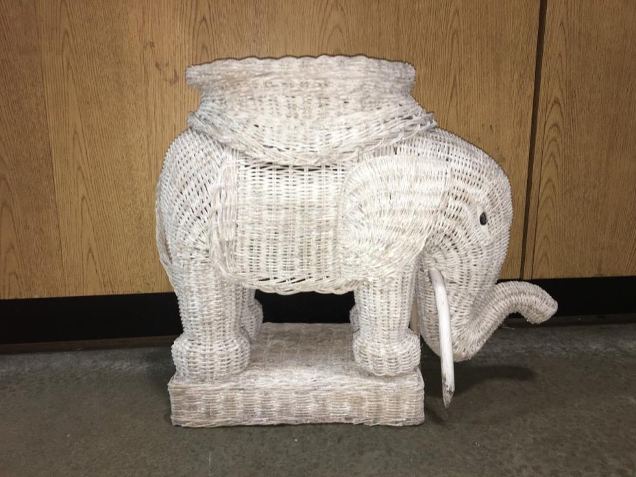 Vintage TRUNK UP ELEPHANT Wicker Rattan Side Table Plant Stand White