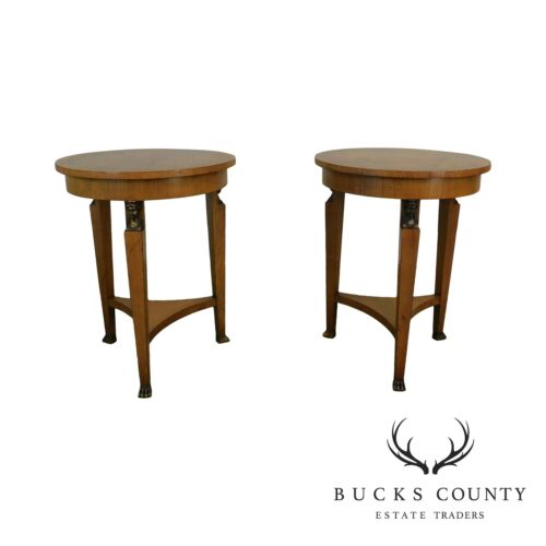 Baker French Empire Style Vintage Pair Round Walnut Side Tables