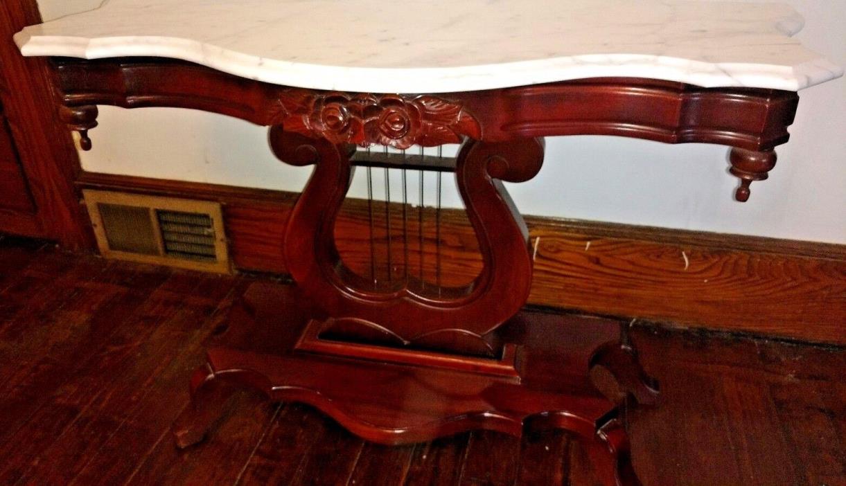 Gorgeous Vintage Mahogany Marble Top Sofa Hall Table Console Lyre Harp Base