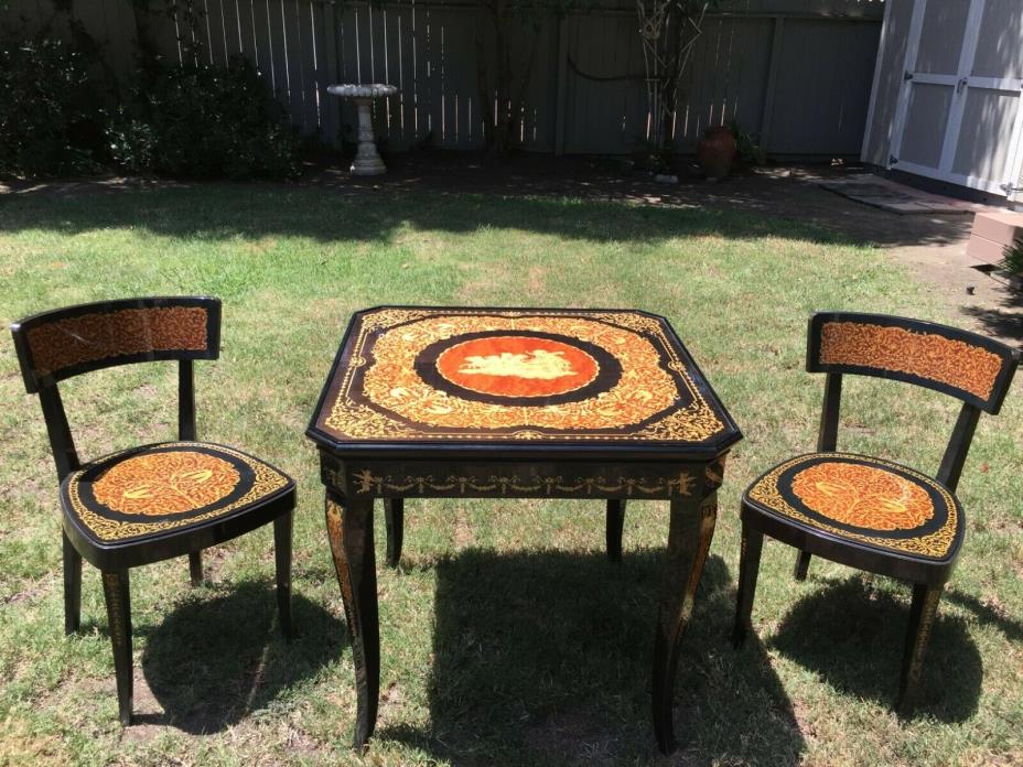 NOTTURNO INTARSIO  Inlaid Italian Wood Convertible Game Table with 2 Chairs