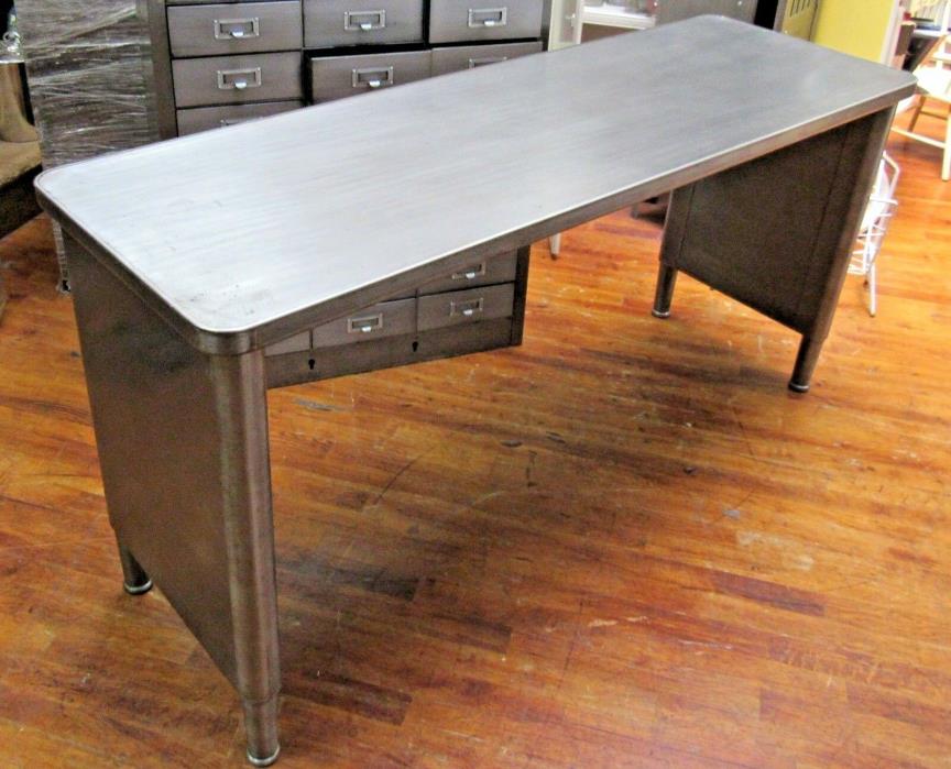 Vintage Industrial brushed steel mid century modern console table