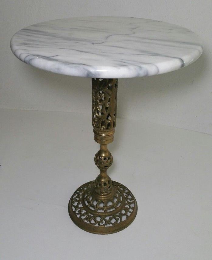 Vintage Round Marble Top on Brass Pedestal End Table Planter/Plant Stand Ornate