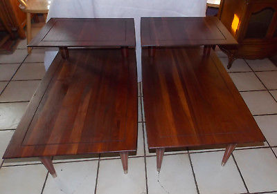 Pair Solid Walnut Mid Century Step End Tables / Side Tables by Bissman