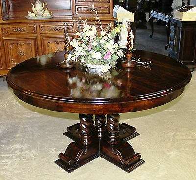 Antique Style Country French 60 inch Round Hardwood Barley Twist Dining Table