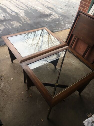 Mid Century Modern Walnut & Glass Side Tables By Lane