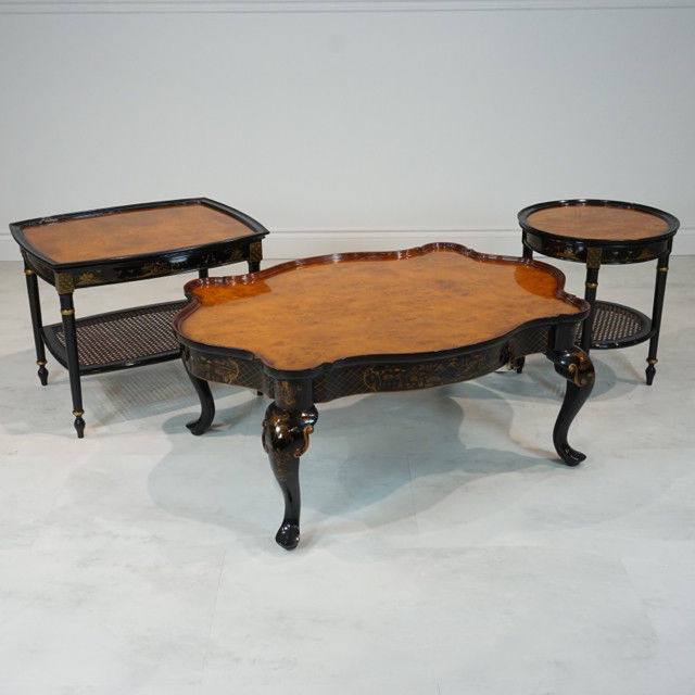 Beautiful Chinoiserie Coffee table and 2 side tables burl top