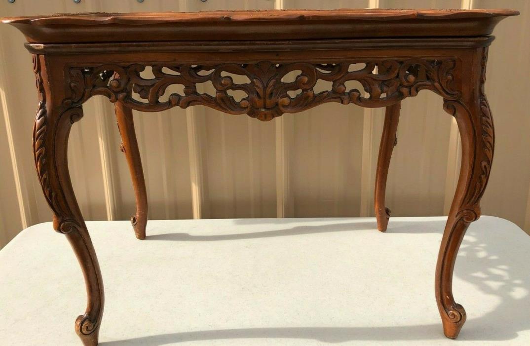Mahogany Carved Inlaid Coffee Table with Glass Serving Tray