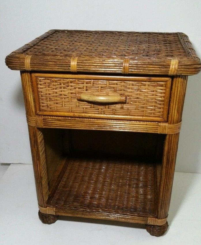 Vintage Wicker Rattan End Table with Drawer - Mid Century