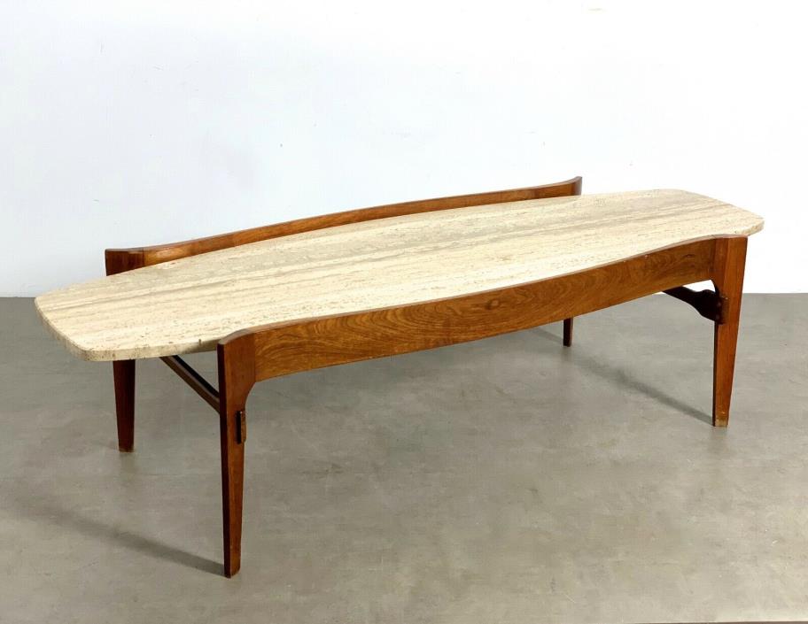 Mid Century Modern Walnut Travertine Surfboard Coffee Table Bertha Schaefer