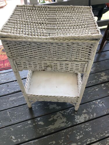 Mid Century White Wicker Cottage Table Wood Drawer Or Sewing Stand W/Flip Top
