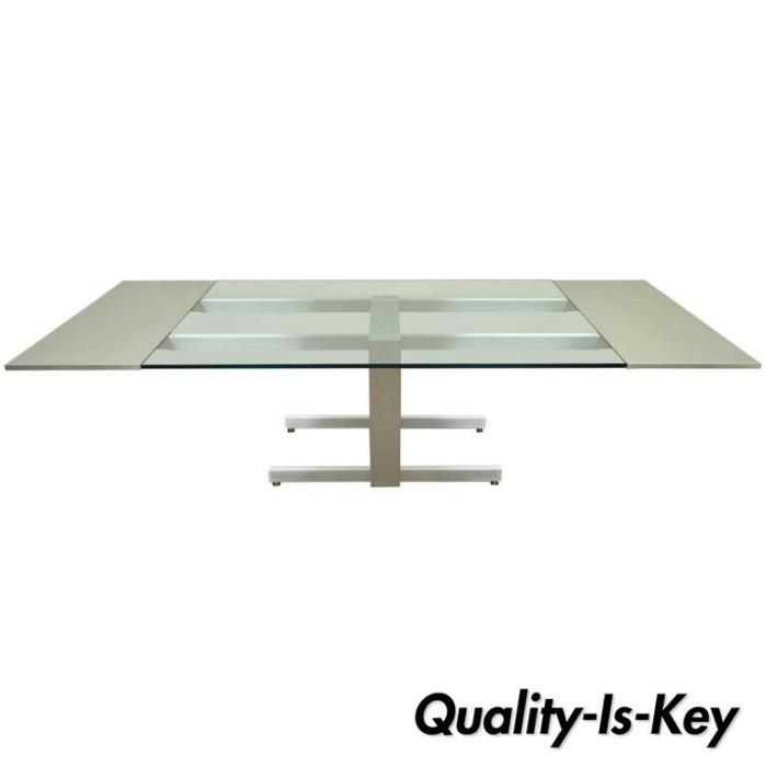 Vladimir Kagan Brushed Aluminum & Glass Cubist Extension Dining Conference Table