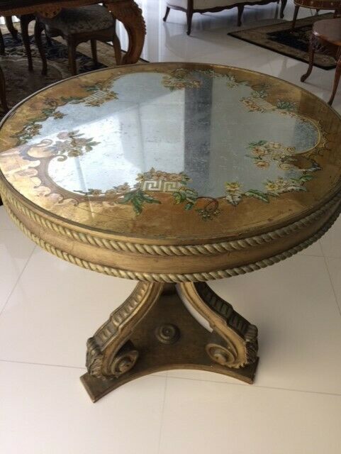 Antique Italian Reverse Painted Glass Carved Gold Wood Hall Table Console Entry