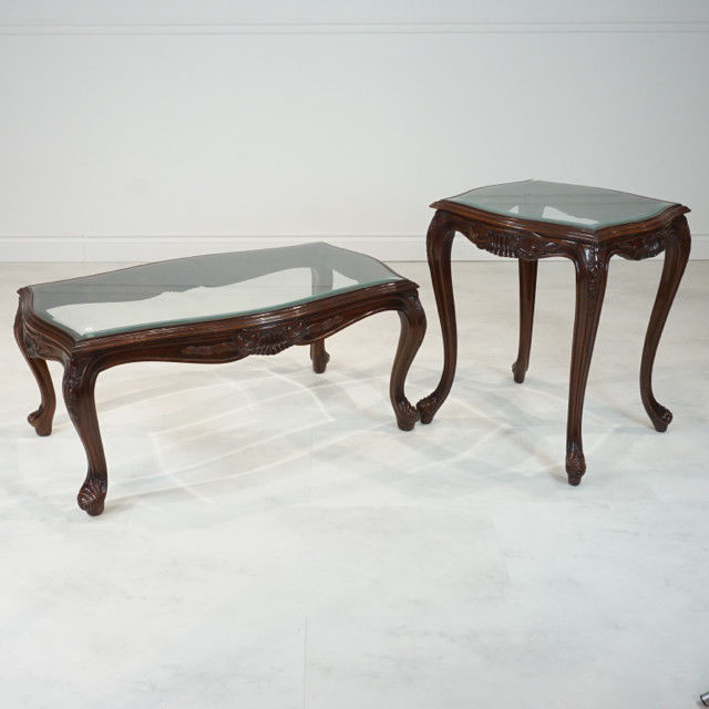 French Louis XV style Coffee & 2 Side Tables set Mahogany with Glass top