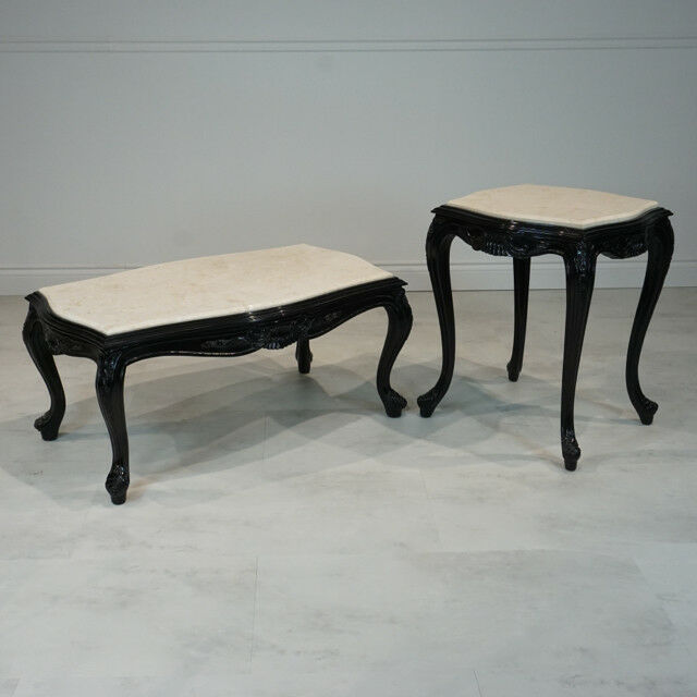 French Louis XV style Coffee & 2 Side Tables set Black with Marble top
