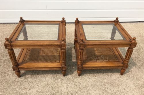 Pair Vintage Thomasville Side Tables Cane and Glass