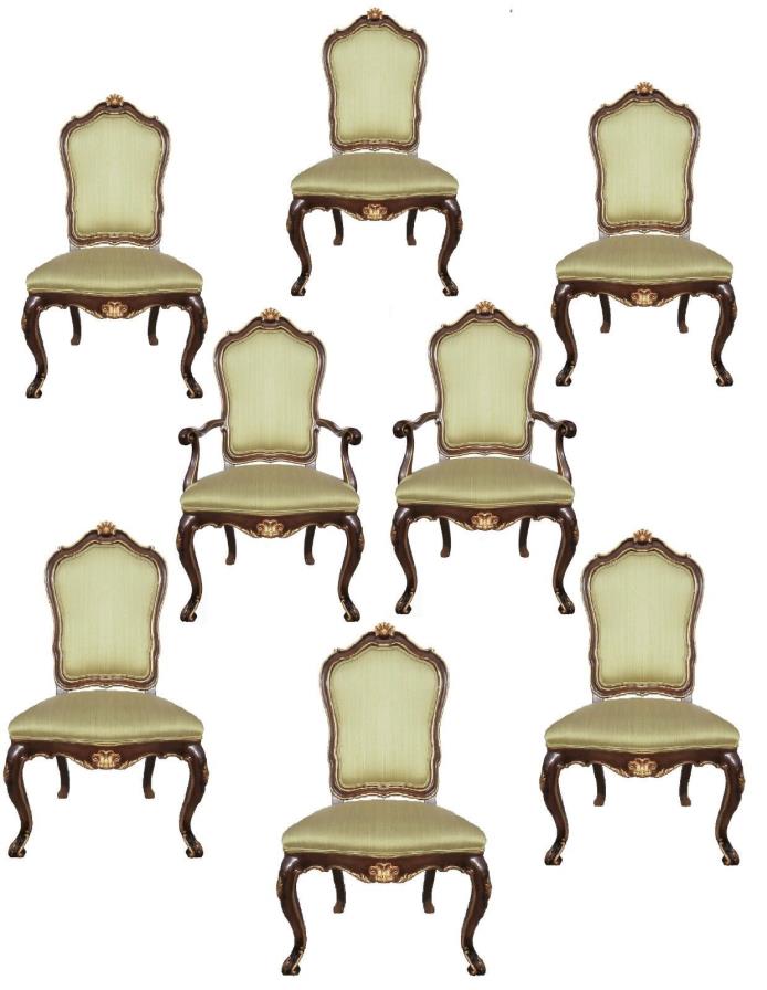 SET OF 8 KARGES FRENCH WALNUT ROCCOCO LOUIS XV STYL CRVD GILDED DINING CHAIRS