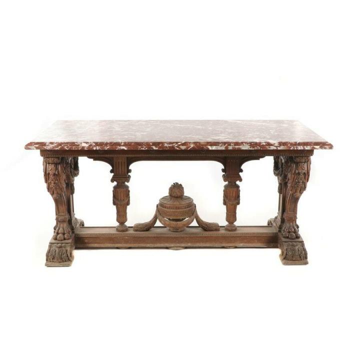 Antique Renaissance Revival French Oak Trestle Console Table Breche Rouge Marble