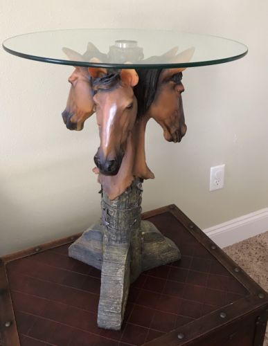 vintage 3 head horses pedestal / end table home decor unique resin