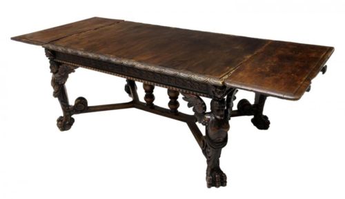 Rare Antique  Renaissance Spanish Revival Carved Wood Figural Desk/dining Table