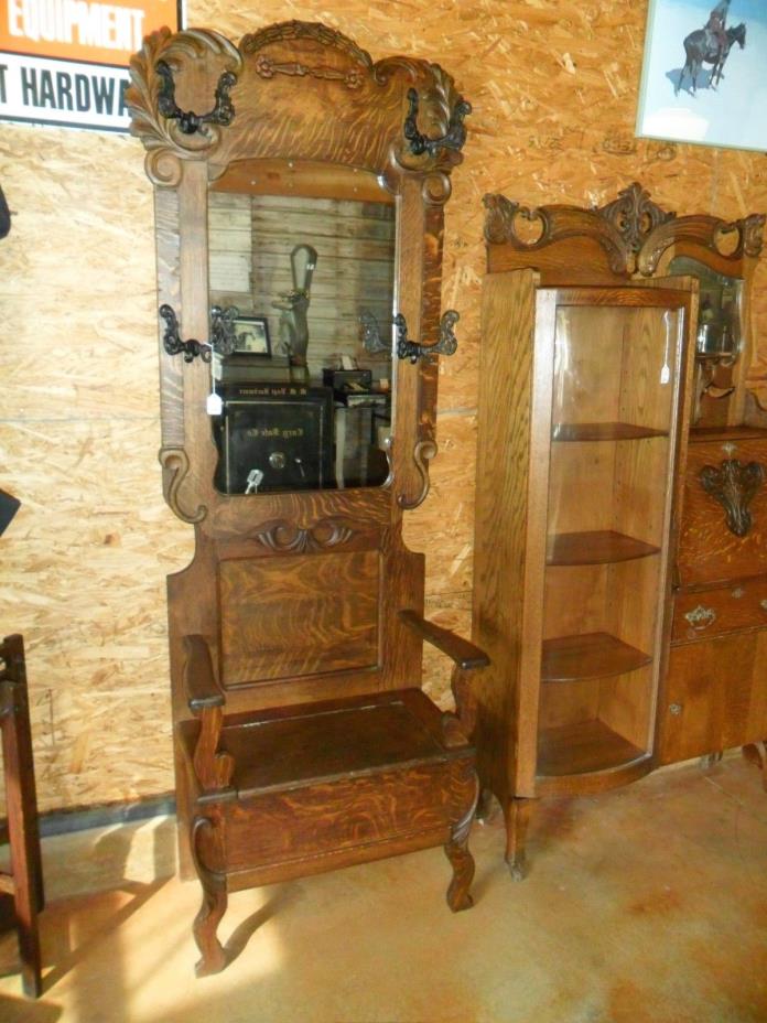1900's Quarter Sawn and Tiger Oak Hall Tree with Storage Seat Mirror