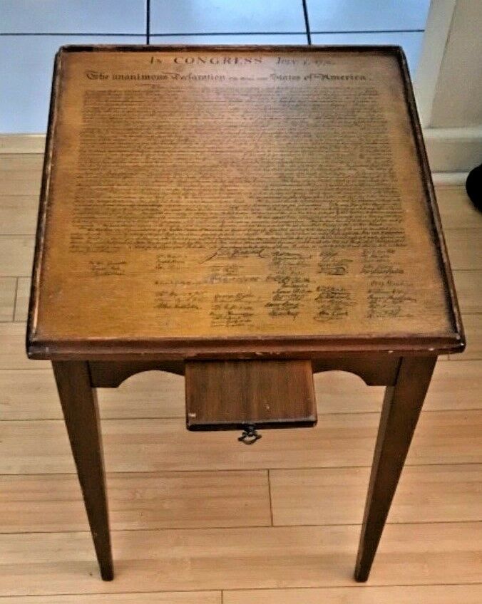 Antique Wooden Declaration of Independence side Table with pull out Shelf