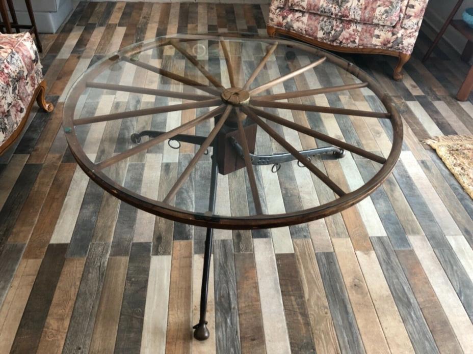 Antique Wagon Wheel Yoke Glass Western hand made Rustic Table