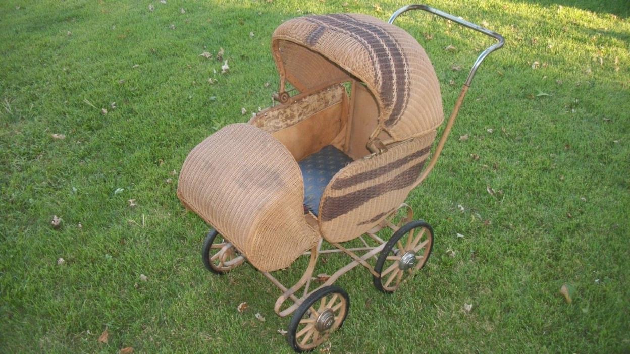 Vintage Thayer Wicker Baby Buggy Stroller Carriage Doll Antique