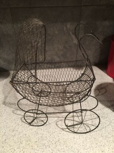 Wire Metal Antique Black Victorian Baby Doll Carriage Buggy Canopy Baby Shower