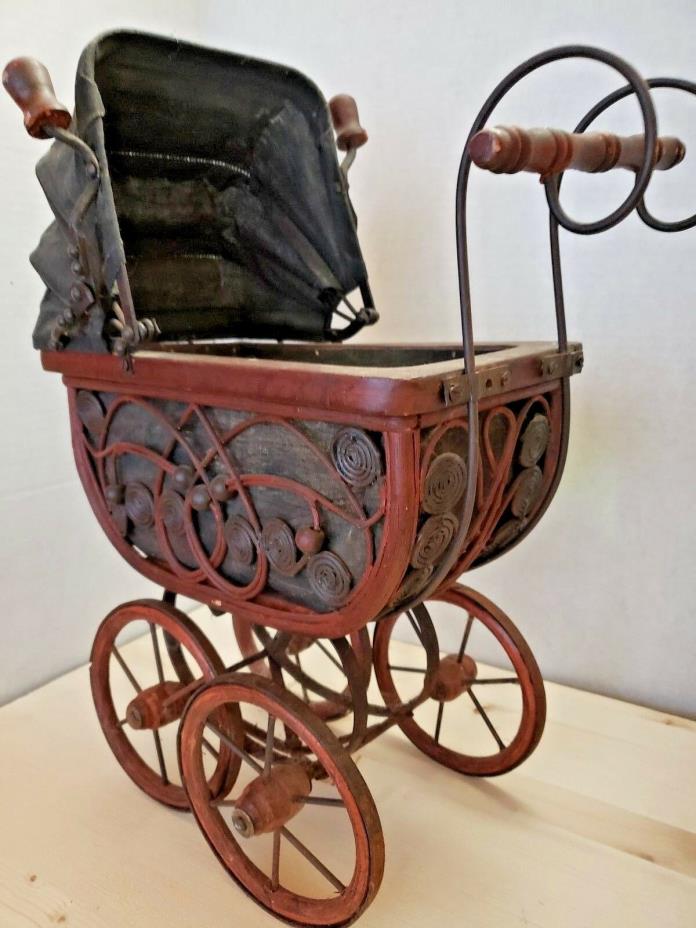 VINTAGE ORNATE/DECORATIVE WICKER BABY DOLL BUGGY STROLLER CARRIAGE WITH BEDDING