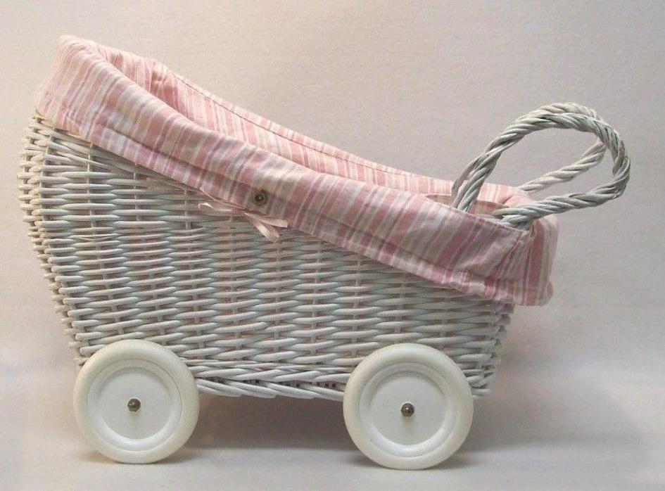 Vtg White Wicker Doll Bear Buggy Carriage With Wheels Country Farmhouse Display