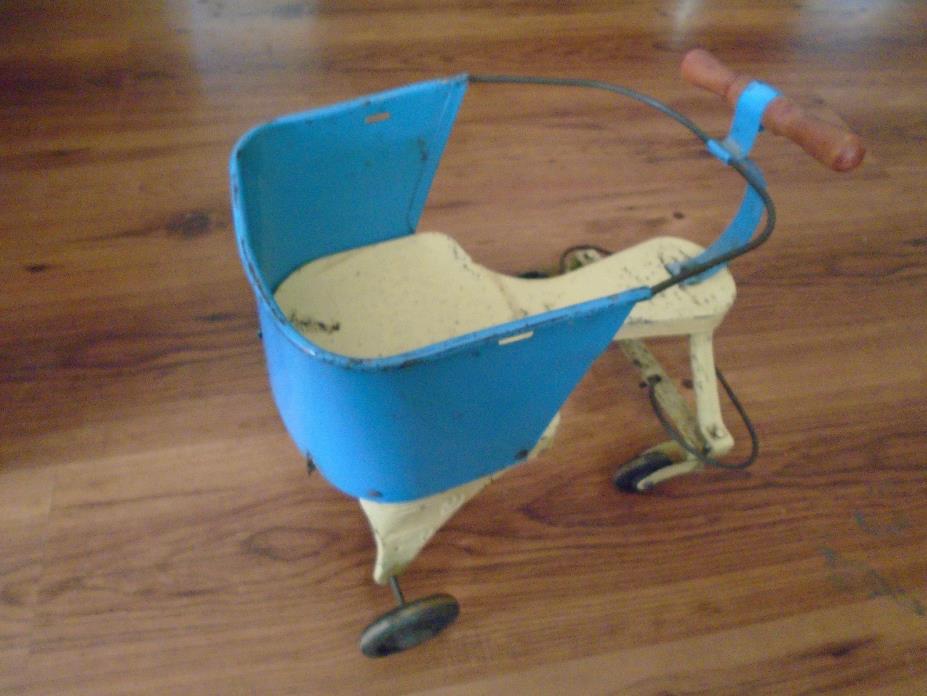 Vintage Blue White Metal & Wood Doll Walker Stroller with no handle