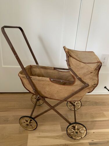ANTIQUE Vintage BABY DOLL Carriage Buggy Stroller, Tan Brow canvas, metal wheels