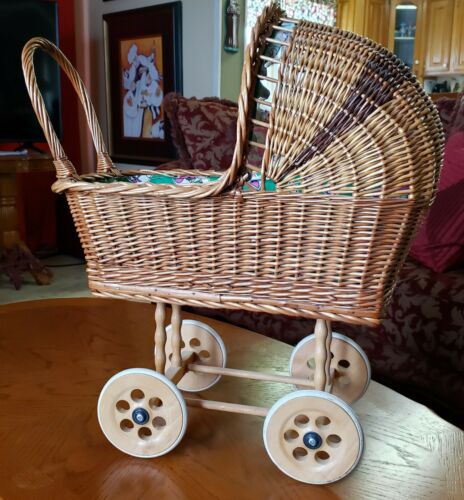 Vintage Wicker and Wood Baby Doll Carriage Stroller Wooden Rubber Wheels Basket