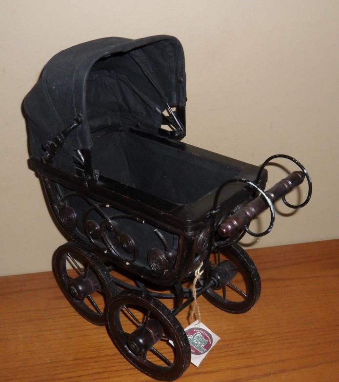 Victorian WICKER & Wire Rolling BUGGY Display CARRIAGE w Folding CANOPY~15