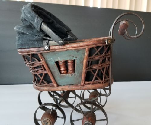 ANTIQUE CASTBIRON  & WOOD WICKER VICTORIAN BABY DOLL TOY BUGGY PRAM  CARRIAGE