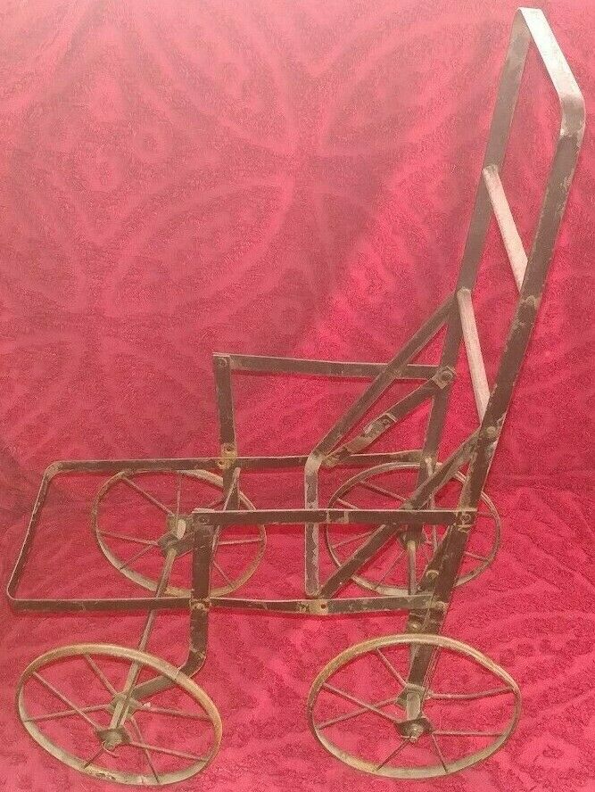 Vintage Victorian Metal Baby Doll/ Baby Carriage Stroller Buggy w/ Wood Slats