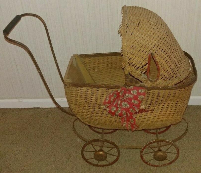 Vintage Victorian Wicker Baby or Doll Carriage & Stroller with Adjustable Canopy