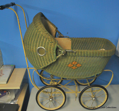 Vintage Baby Doll Carriage Stroller Buggy Cloth & Wicker. With bedding & pillow!
