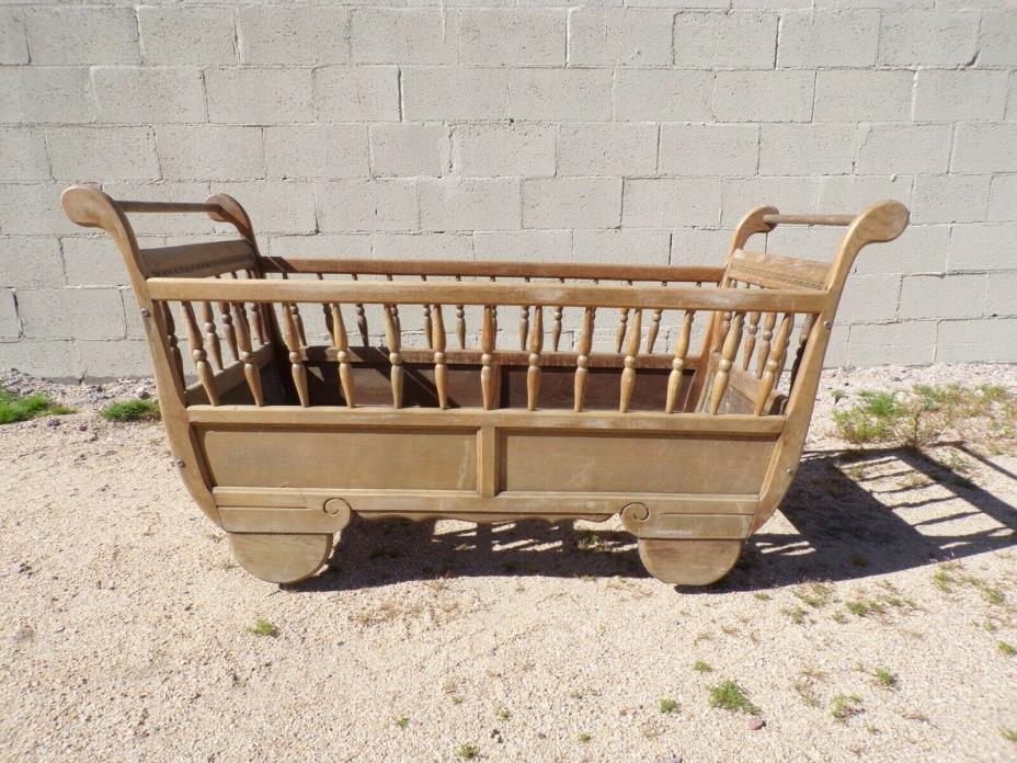 French Antique Baby Cradle on Wheels - Circa 1900 - Wooden Antique Baby Bed