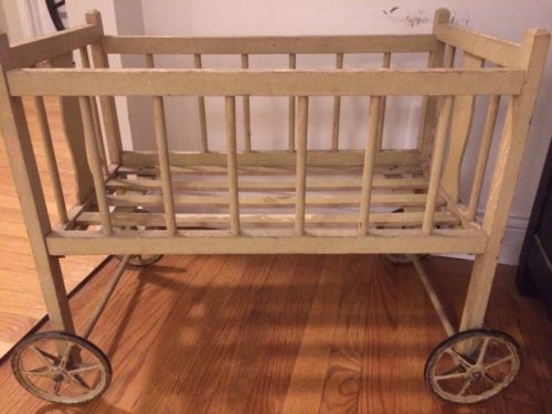 Antique Vintage Rustic Baby Crib Wooden Dowel Metal Farmhouse Distressed