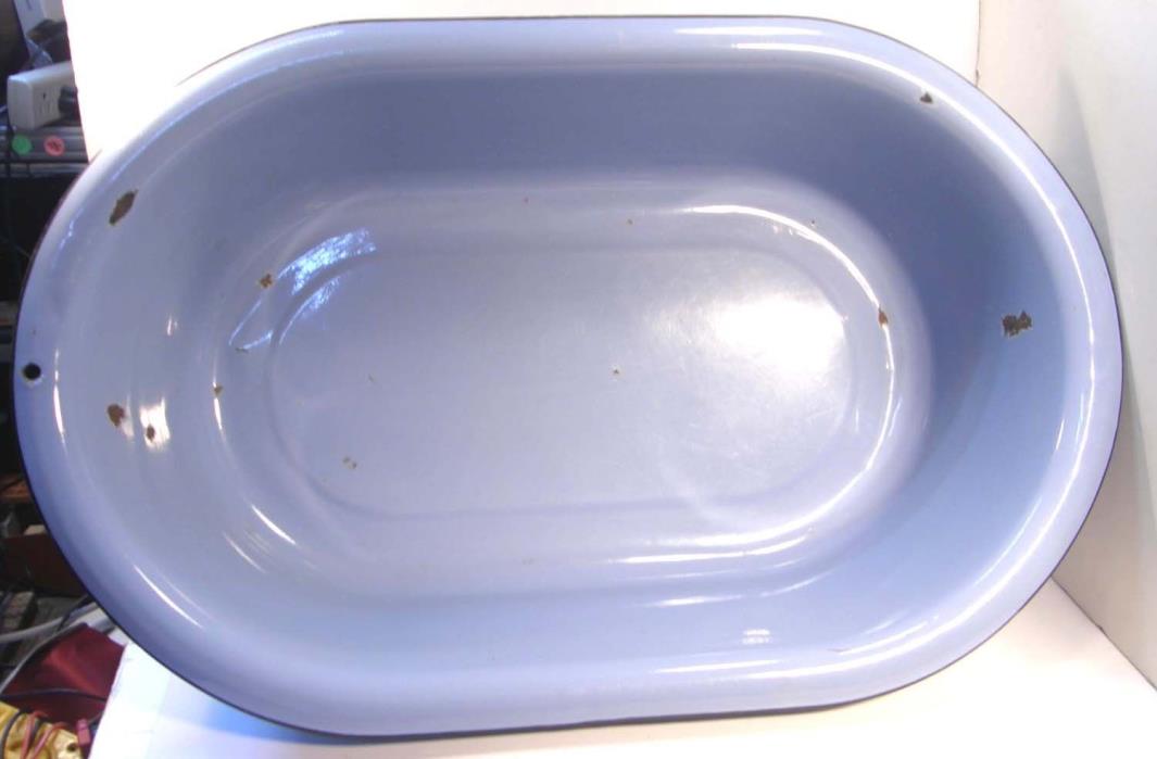 VINTAGE BLUE ENAMEL ENAMELWARE LARGE OVAL METAL BABY BATH BASIN BATHTUB 28 X 18