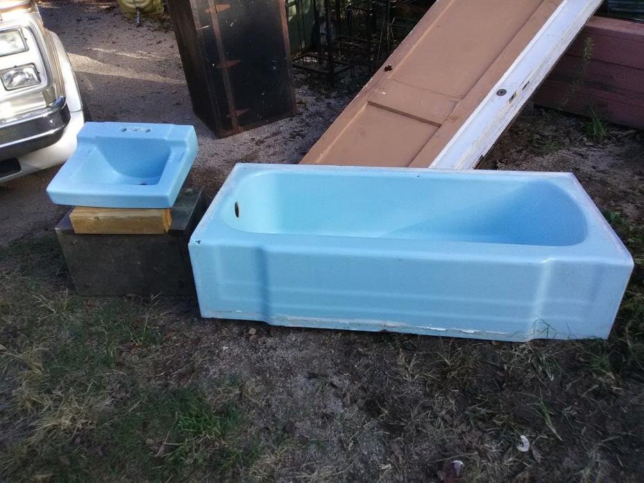 Antique Matching Cast Iron Turquoise/Blue Corner Tub & Porcelain Wall Mount Sink