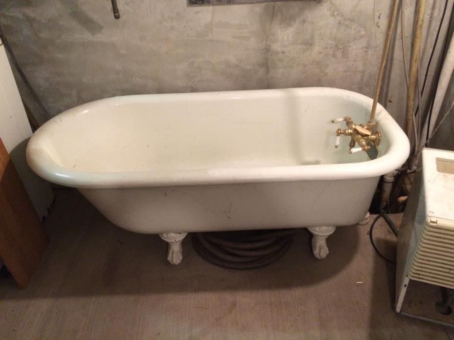 White Cast Iron Ball & Claw Feet Roll Top Bath Tub w/ Bronze Accessories