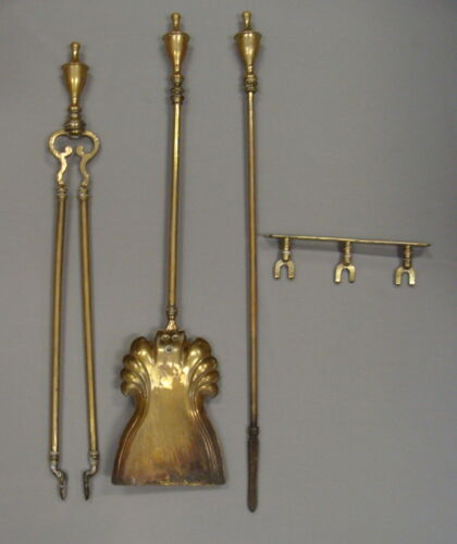Vintage Set of English Brass Urn Finial Fireplace Hearth Tools & Wall Mount